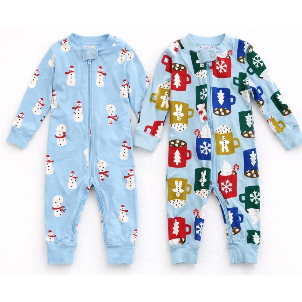 Hanna Andersson Holiday Zip Pajamas Bundle 12-18M Snowman Cocoa